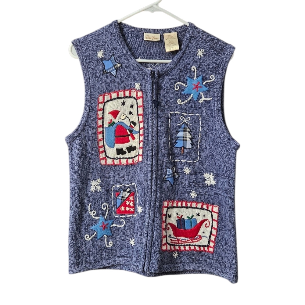 Bobbie Brooks Christmas Sweater Vest Embroidered Women's M Full Zip Blue Red